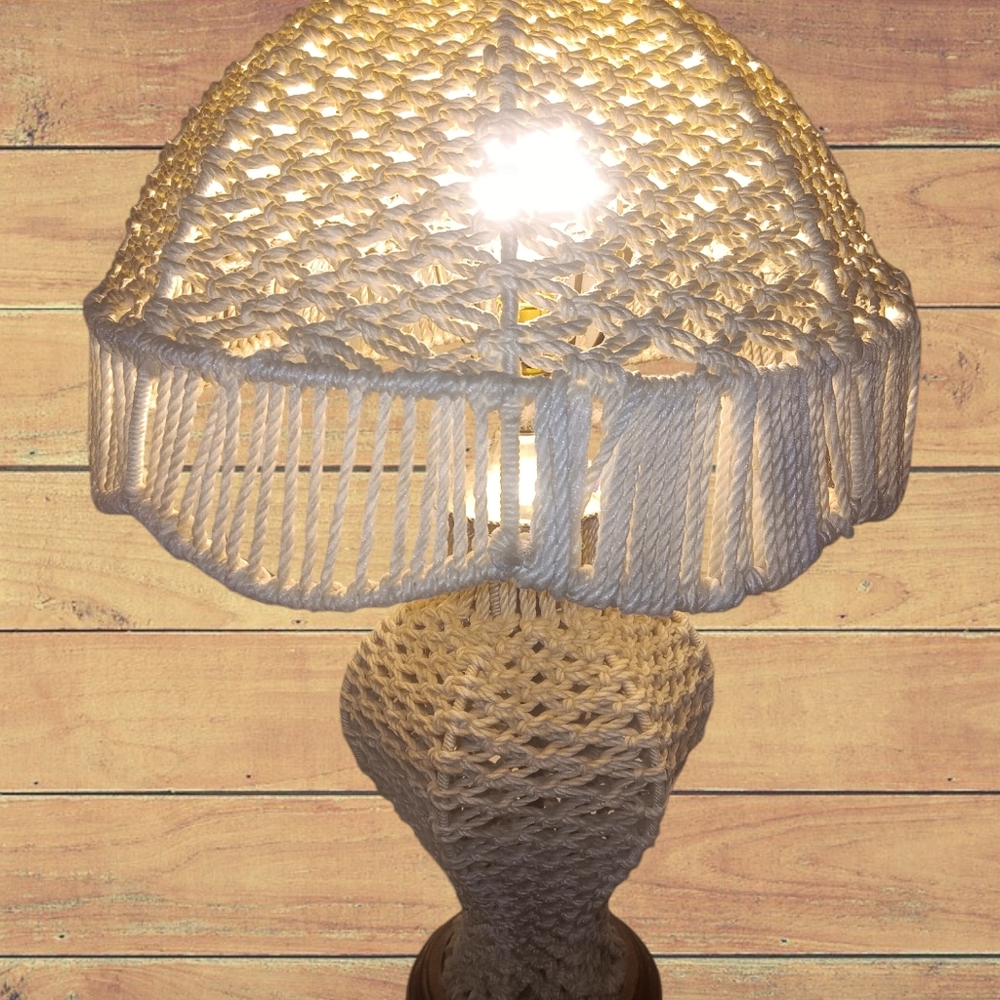 Vintage 1970s Macrame Table Lamp Boho Chic Light MCM Wood Base